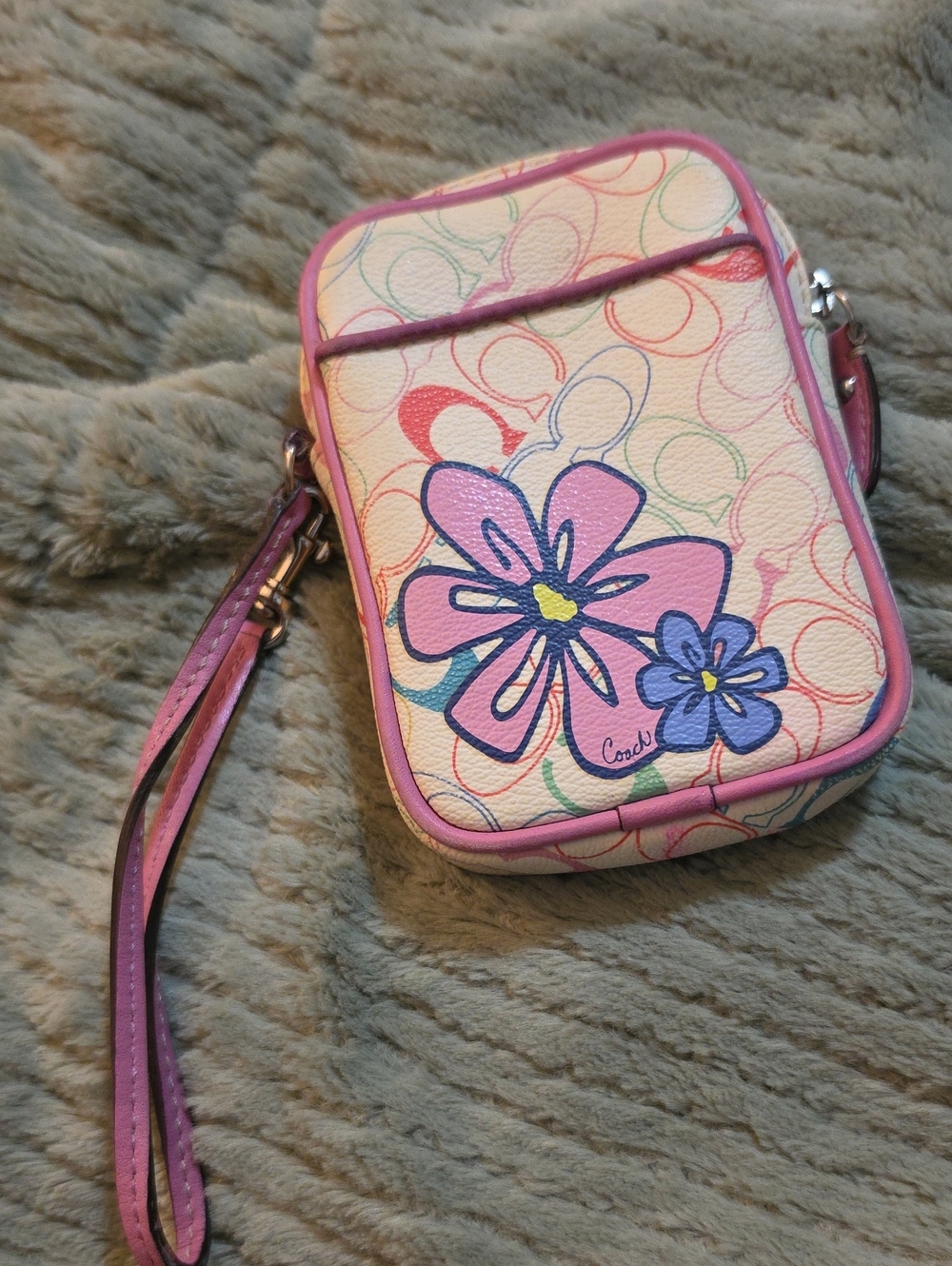 Coach Pink Floral Signature Mini Wristlet Crossbody